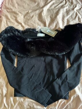 Meshki Black Faux Fur Trim Off-Shoulder Top